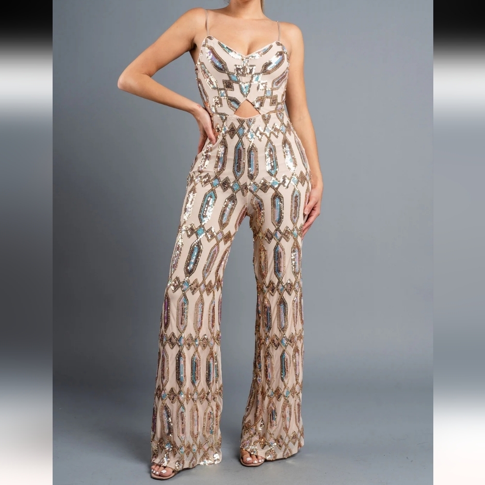 Privy Sequin Jumpsuit - Cream and Rose Gold / Gold